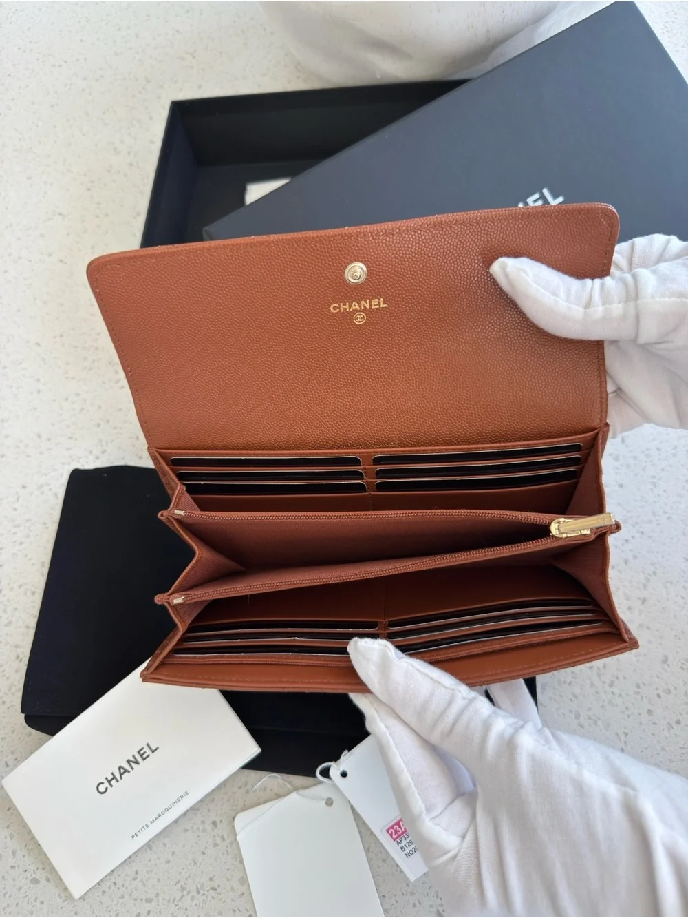 CHANEL Quilted Caviar Leather Wallet in Cognac Brown with Gold CC